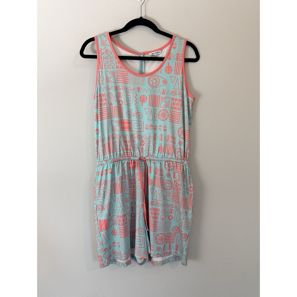 Benares Cycling Romper Women’s M Aqua Coral Bike Sleeveless Drawstring Waist